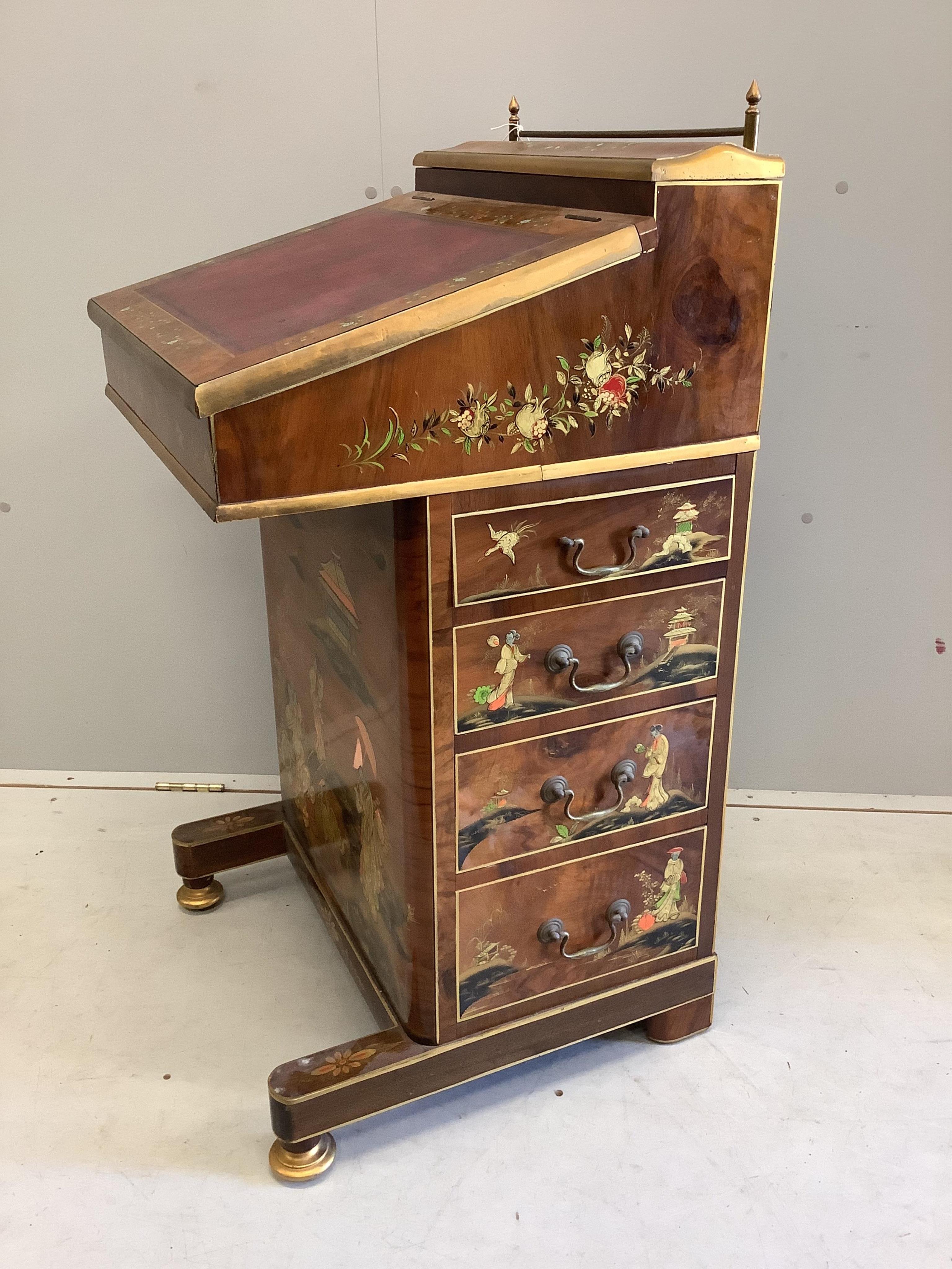 A reproduction chinoiserie lacquered Davenport, width 54cm, depth 52cm, height 98cm